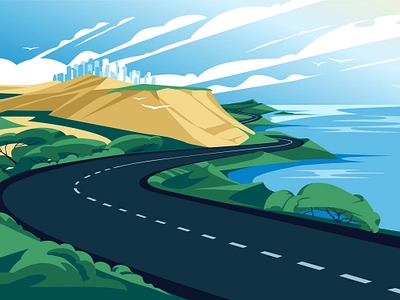 Seaside road adventure city clouds direction flat freedom hills illustration landscape panorama path road season summertime trip vacation vector vector illustration