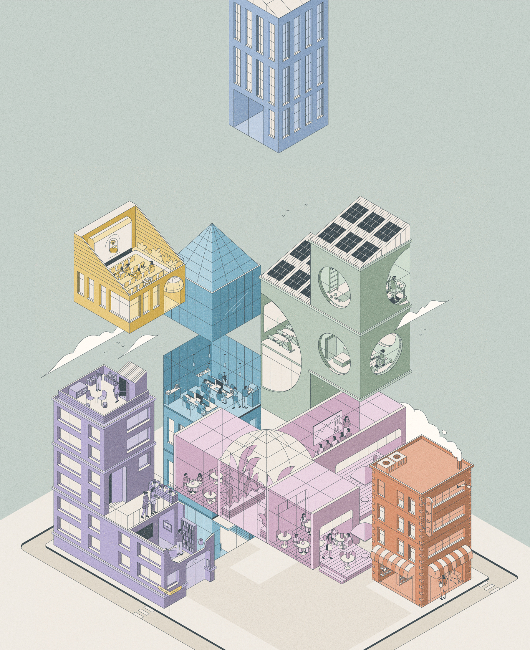 Office Buildings architecture buildings city digital folioart illustration isometric line magazine cover