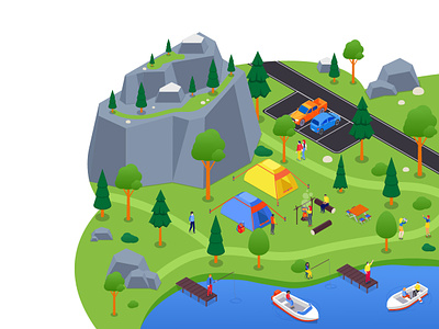 Camping by the mountains - isometric illustration camping design illustration isometric isometry landscape mountain people style tent tourism travel vacation vector