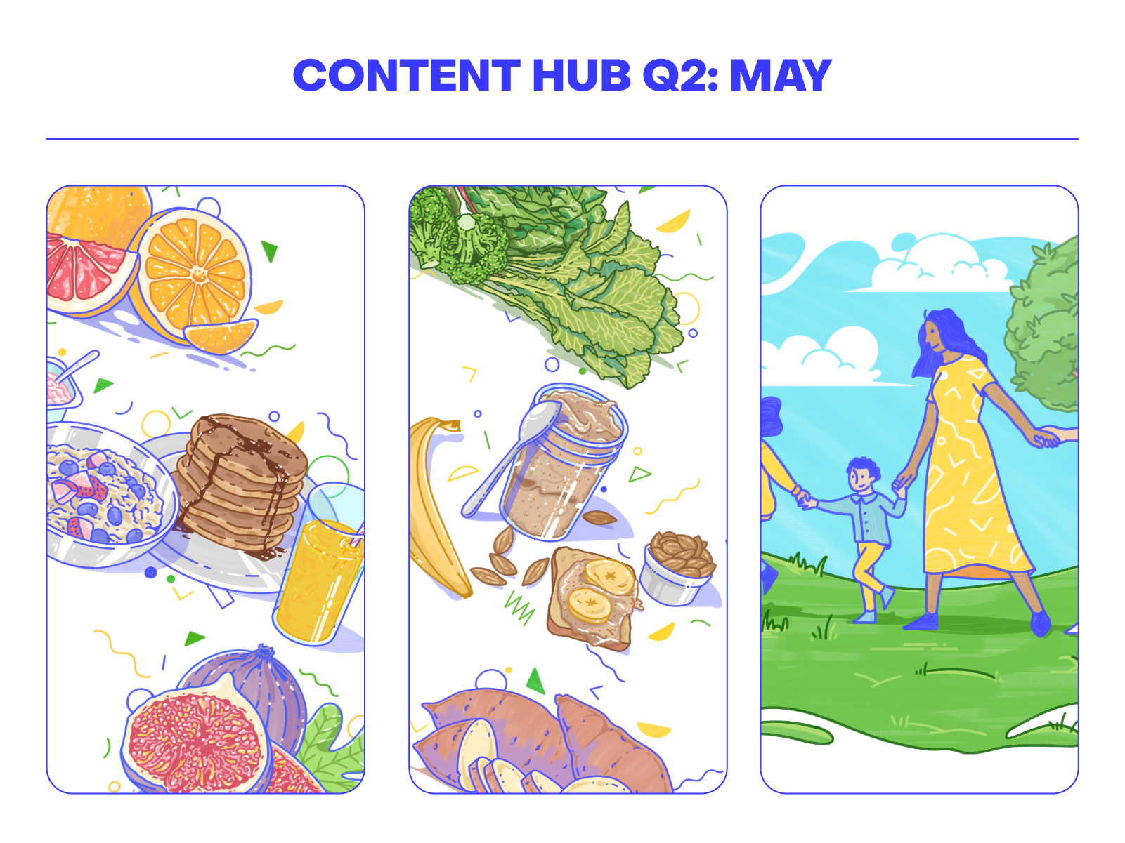 Fensolvi – Little a Little Longer Content Hub Illustrations almond blue character children diet food fruits green handwritten illustration playful yellow