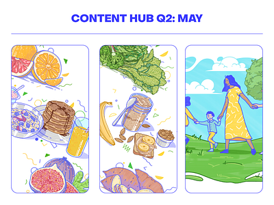 Fensolvi – Little a Little Longer Content Hub Illustrations almond blue character children diet food fruits green handwritten illustration playful yellow