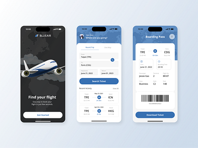 Flight booking and boarding pass app branding design logo ui ux