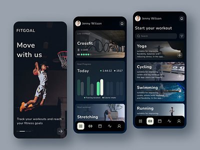 FITGOAL - Sports tracker for tracking workouts appdesign branding design exerciseapp fitness goalsetting health interface mobileappdesign personaltrainer productdesign progresstracking sportsapp training typography ui ux visualdesign wellness workouttracker