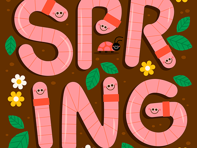 Worms bug character cute daisy design flowers fun happy illustration insect ladybug spring worm