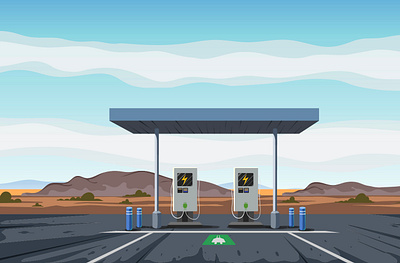 Сharging station 2dvill background charging electric illustration landscape mountains nature station vector