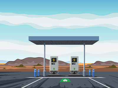 Сharging station 2dvill background charging electric illustration landscape mountains nature station vector