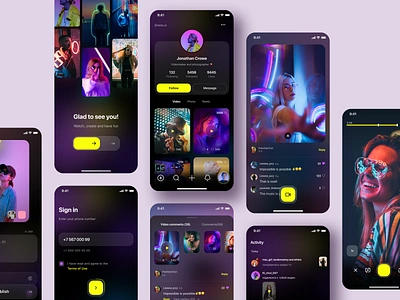 Social Media Mobile App comments mobile mobile app music app neon onboarding profile profile page record video sign in sign up social app social media video app