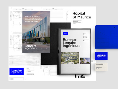 Lemaire ingenieurs - print supports architecture blue branding corporate engineer logo plan print stationery