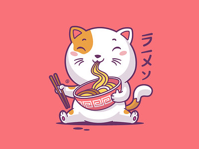 Ramen Cat cartoon cat eating funny illustration japanese kawaii kitten kitty mascot noodles ramen restaurant vector