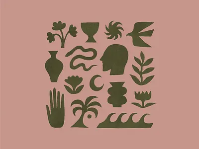 serendipitously situated symbols bird design distressed flower graphic design hand head icons illustration illustrator moon palm plant simple snake sun symbols texture vase waves