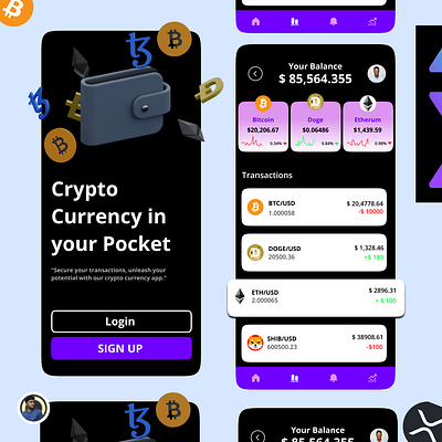 Crypto Currency App adobexd bitcoin branding crypto design dribble figma graphic design illustration logo ui vector