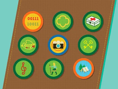 Girl Scouts art badge camera camping chris rooney computing embroidery first aid girl scouts hiking icons illustration music patches photography sash scout sewing stitching trefoil