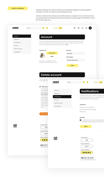 Day 09 I UI Challenge I System settings comeup freelance platform interface modern redesign settings ui design ui settings interface uiux white space yellow branding