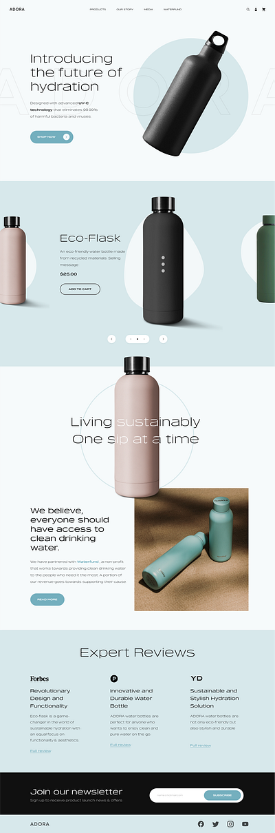 ADORA - Eco-friendly Water Bottle Landing Page design graphicdesign productdesign typography ui visual design waterbottle webdesign