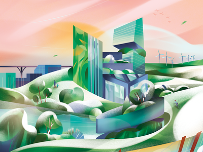 Next 100 years. city eco city future futuristic city illustration renewable energy sunset urban winter