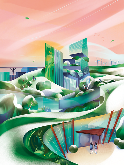 Next 100 years. city eco city future futuristic city illustration renewable energy sunset urban winter