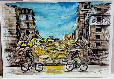 Watercolor original painting, War in Ukraine, Destroyed building hand painted handmade illustration paint painting people style