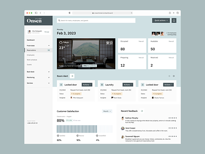 Hotel Onsen management app | Dashboard board board canvas booking check in check out clean dashboard desk hotel japan left nav left navigation managment saas task managment to do ui user managment ux web