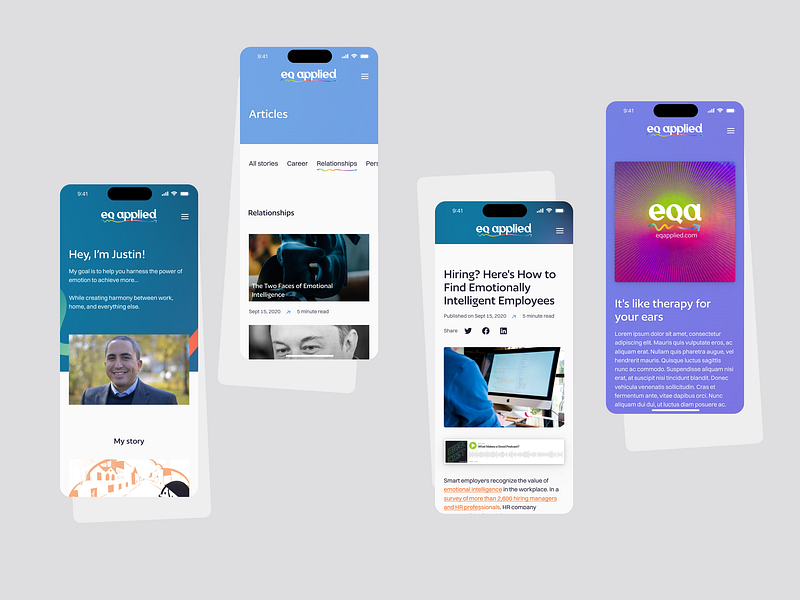 EQ Applied - Mobile views about article blog design emotional intelligence eq gradient iphone mobile views podcasts ui ux uxui web web design