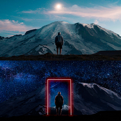 The man on the mountain app before and after blue branding day night design edit editing graphic design illustration image wharping logo photoshop ui