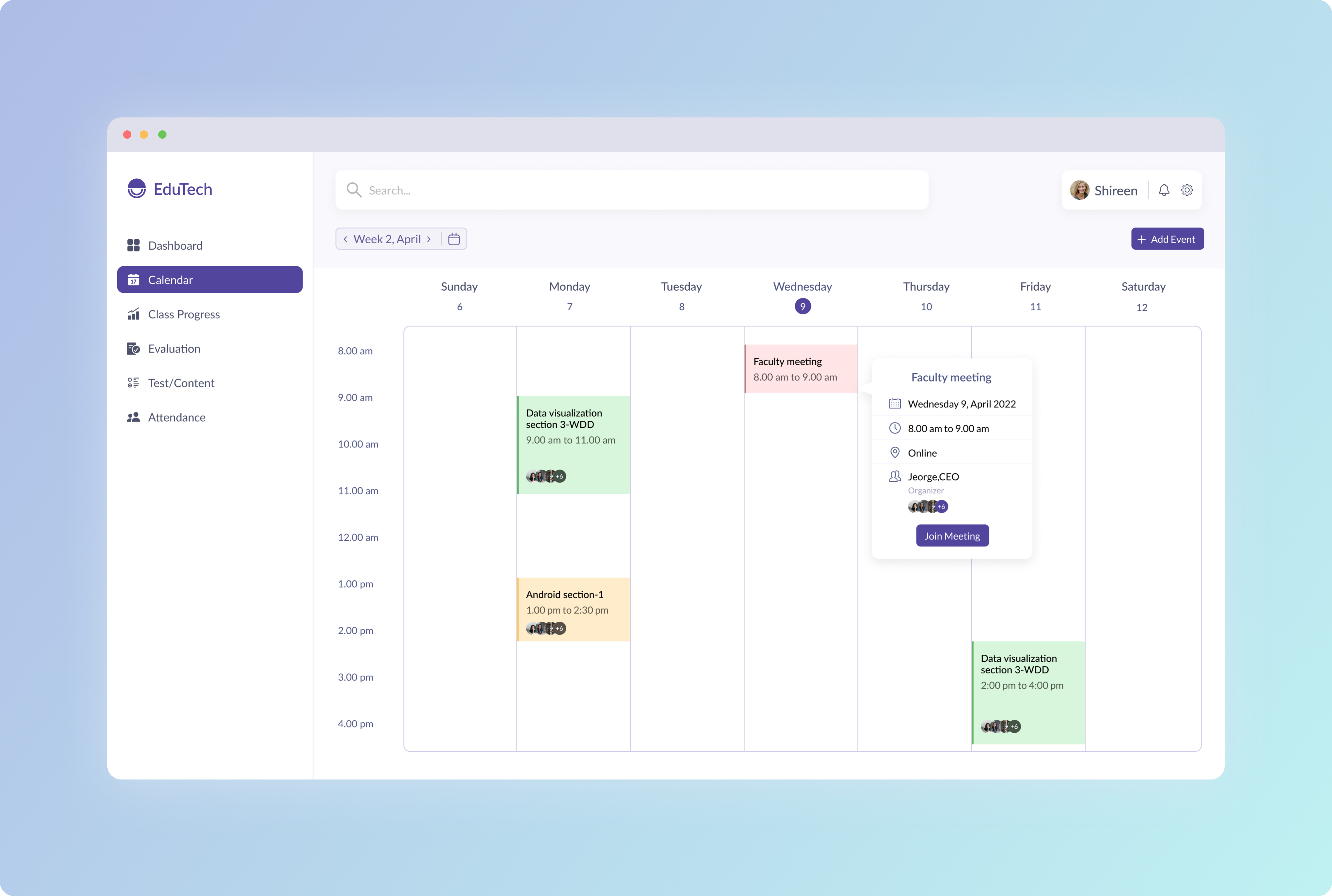 EduTech - A student management tool -weekly calendar calendar design landing page product design student student management ui ux web app weekly calendar