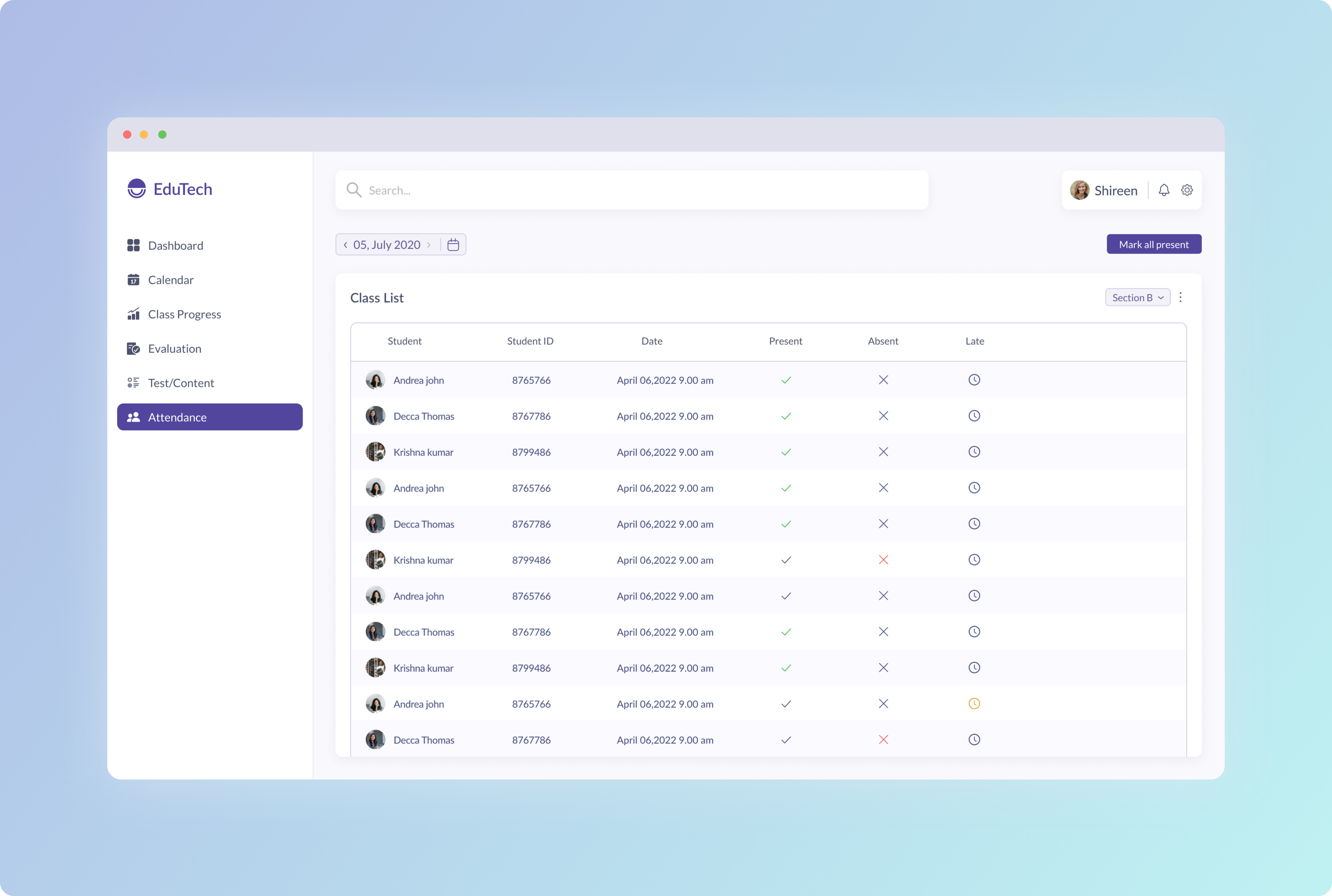 EduTech - A student Management Tool - Attendance attendance class design landing page present product design student ui ux web web app