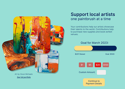 Daily UI Day 32 art artists crowdfund crowdfunding daily ui dailyui design donate donation donations fund icon illustration local payment support ui ux