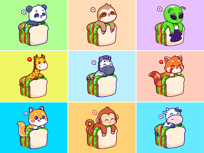 Sandwich🥪🐼🦒🦓 alien animals bakery bread breakfast cute fastfood food girraffe icon illustration logo panda pet salad sandwich sloth topping ufo zoo