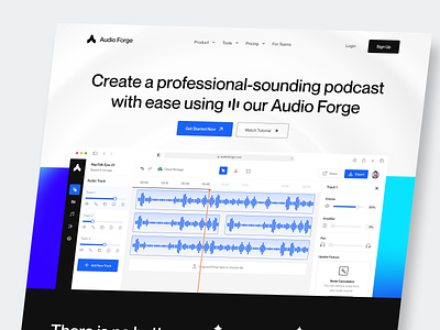 Audio Forge - Podcast Editing Hero Section adobe adobe audition audio audio editing audio mix audio track component conversation interview landing page listening live music noise cancelation platform podcast product radio saas website concept