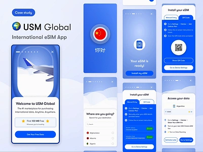 *Case Study* International eSIM App app blue casestudy connectivity data esim illustration informationarchitecture installation motion onboarding reactnative telecom travel typography ui userstory wireflow