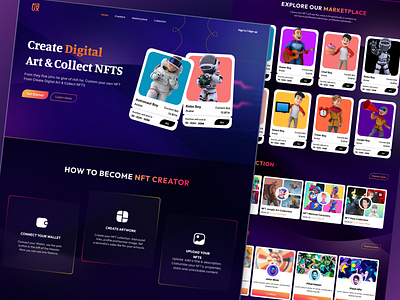 NFT Marketplace Website 3d 3d website crypto design illustration landing page marketplace meta nft nft marketplace nft ui nft web nft webpage nft website ui uiux web 3.0 web design web3 web3 website