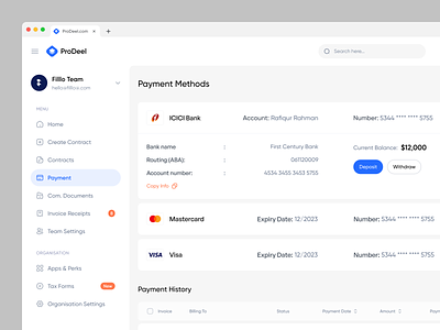 ProDeel - Payment Setting Page bank bill billing dashboard history invoice management payment card payments plans product design saas settings transaction transfer ui design user interface ux design wallet web app