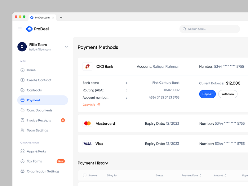 ProDeel - Payment Setting Page bank bill billing dashboard history invoice management payment card payments plans product design saas settings transaction transfer ui design user interface ux design wallet web app