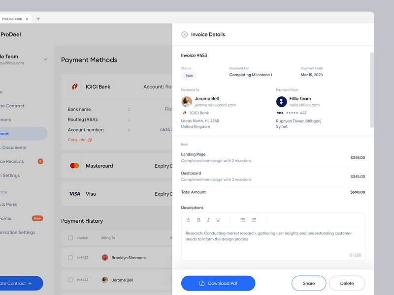 ProDeel - Payment Invoice Page approve bank bill billing dashboard details finance history invoice invoices payment product design saas settings sidebar slideover transaction transfer wallet web app