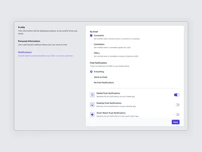 Settings Page UI Design appdesign figma notification notification settings personal information profile profile settings setting settings ui ui design ux webdesign webui