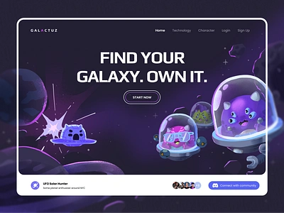 GALACTUZ - NFT Landing Page 🛸 ai alien bitcoin blockchain character crypto dalle etherium galaxy game illustration landing page nft opensea planet solana solar system ufo ui website