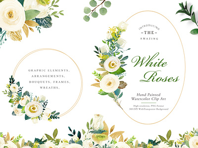 White Roses Watercolor Floral Clipart Set blossom clipart