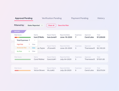 Risk Score - Expense Management Software - Product Visual product features ui website mockups