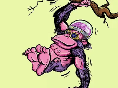 A cartoon ape swings from a branch. cartoon character design illustration monkey swing