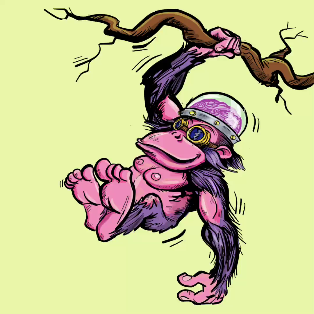 A cartoon ape swings from a branch. by Anton Brand on Dribbble