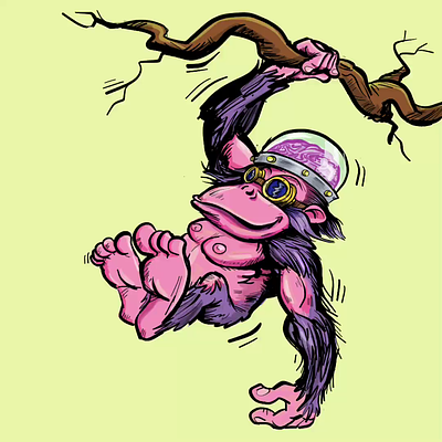 A cartoon ape swings from a branch. cartoon character design illustration monkey swing