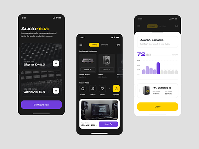 Audonica - Audio management for linked studio devices app audio branding concept dark data design interface itcraft loudness management mobile mode product recording simple sound speakers studio ui