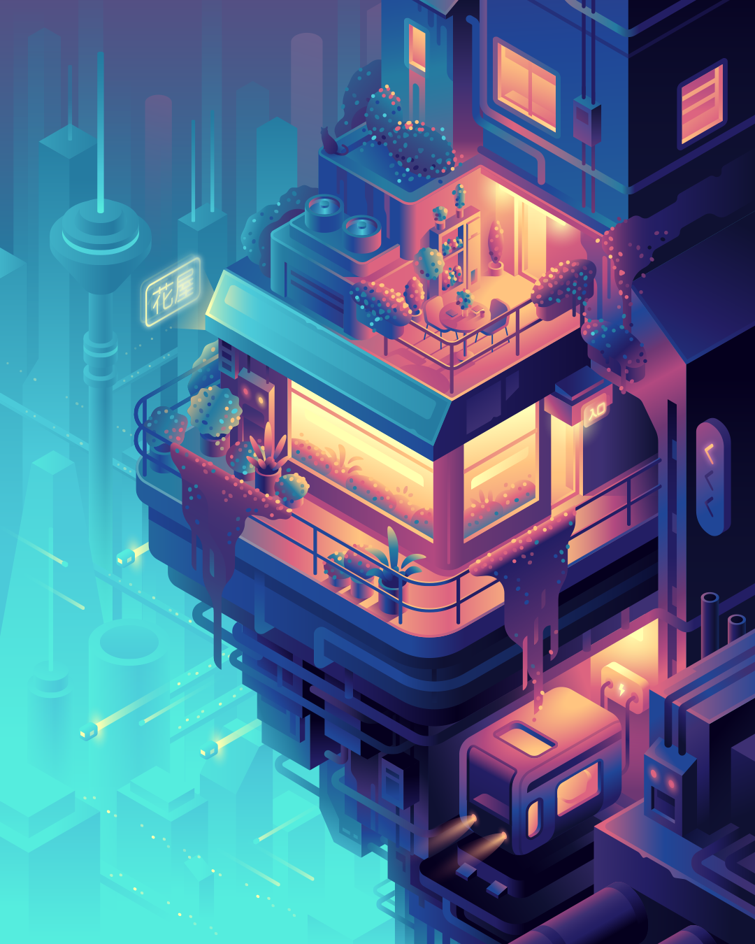 花屋 adobeillustrator aftereffects animation city color cyberpunk dystopia flower shop flying vehicle future gradients illustration motion graphics night plants sci fi vector vectorart