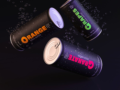 Soda water design 3d aluminium can black branding can design drink energy drink grape graphic design green identity illustration label non alcohol orange packaging red soda water