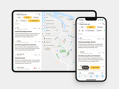 Senf.app - Participation platform app categorisation citizen engagement design desktop list map mobile participation platform social media tablet tags yellow