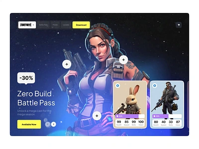 FORTNITE—Landing Page Hero add ai animation buy card cart character fortnite game generate hero landing multiplayer navigation online pass plus sale slider web3