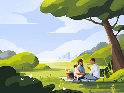 Picnic character city clean clouds dog food forest illustration park people picnic spring summer sun trees