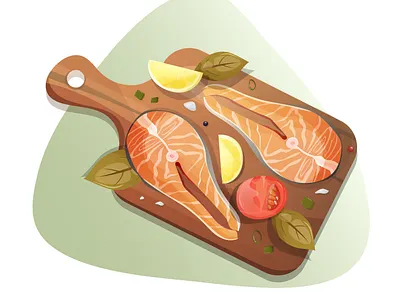 Salmon steaks on wooden cutting board background banner cook cooking design diet element fish food graphic design illustration menu salmon vector