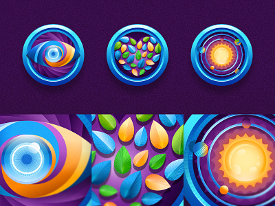 Mysterious space wonders achievement icons. achievements affinity designer cosmos eyes gamification geometric graphic design icon design icons nature solar system space spiritual vector wonders