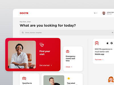 DOCTR • Homepage app card cards clean clinic design doctor gradient header health icon logo red search ui ux walkin web webapp white